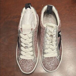 kate spade Rose Gold Glitter Lace-Up Sneakers with Black Accent